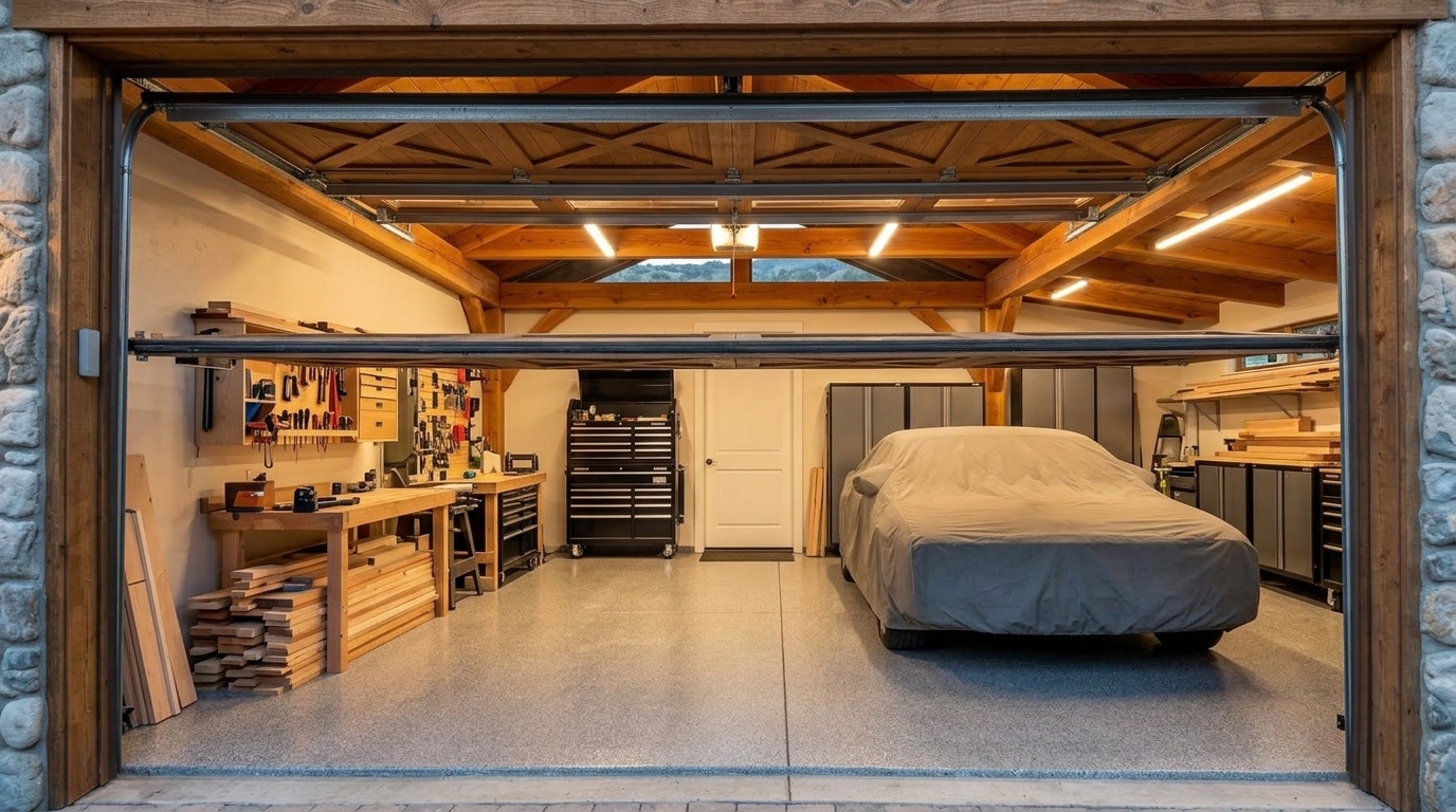 El Dorado Garage Door Service Interior View of Custom Garage Door Overhead and Workshop